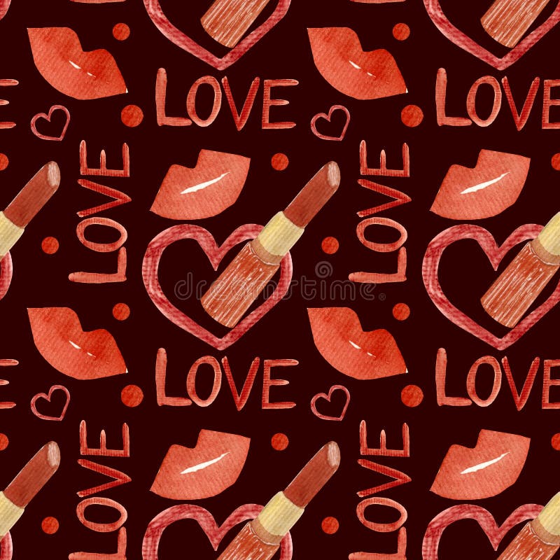 Watercolor seamless pattern, with hearts, lettering, lipstick in red colors. Women pattern for paper, fabric, various products for Valentine&#x27;s Day, etc. Watercolor seamless pattern, with hearts, lettering, lipstick in red colors. Women pattern for paper, fabric, various products for Valentine&#x27;s Day, etc.