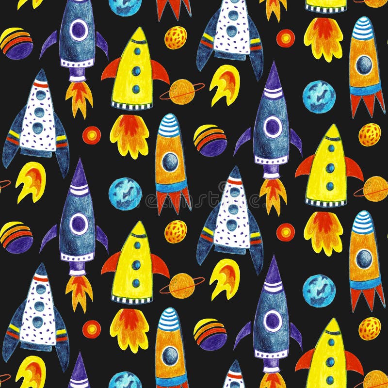 Wzorek z jasnym nadrukiem kosmicznym rakiet. dla wyrobów włókienniczych dla dzieci