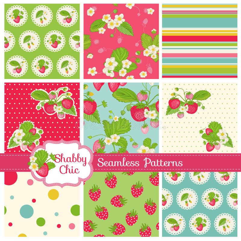 Set of Seamless Patterns and Backgrounds - Strawberry Shabby Chic Theme - in vector. Set of Seamless Patterns and Backgrounds - Strawberry Shabby Chic Theme - in vector