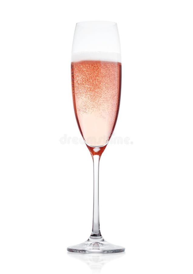 Rose pink champagne glass with bubbles isolated on white background. Rose pink champagne glass with bubbles isolated on white background