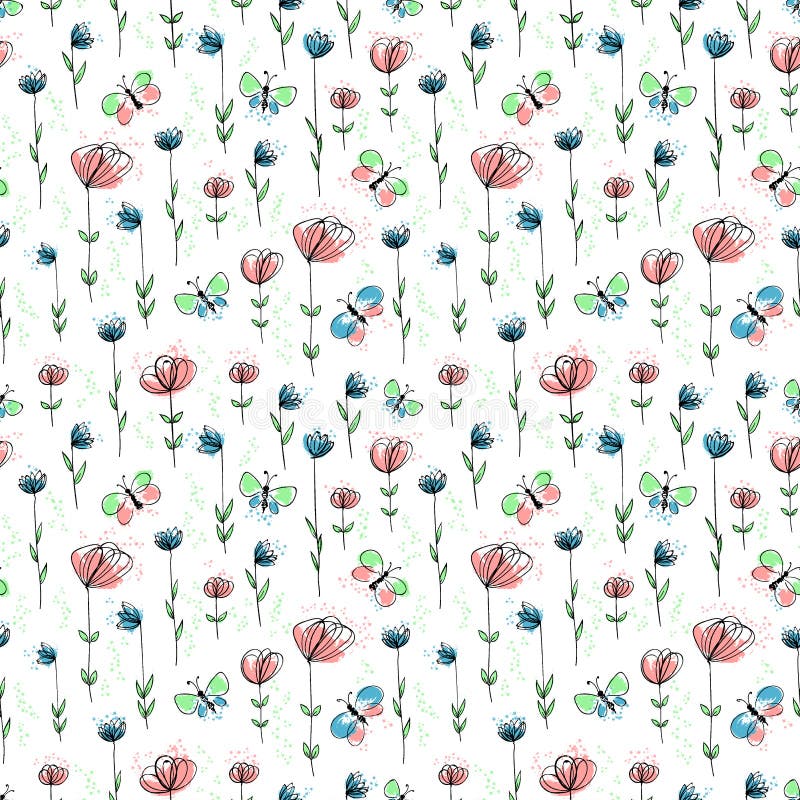 Simple abstract multicolored wildflowers, splashes and butterflies are shown there. Digital art on a white background. Flowers meadow seamless pattern. Floral pattern for home decor and women clothes. Simple abstract multicolored wildflowers, splashes and butterflies are shown there. Digital art on a white background. Flowers meadow seamless pattern. Floral pattern for home decor and women clothes.