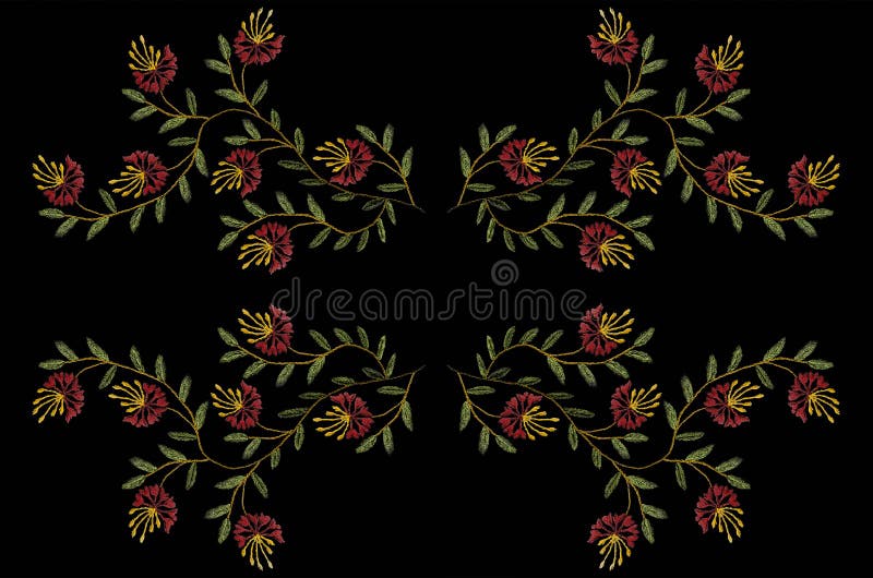 Wzór dla broderii z atłasowym ściegiem faliste gałązki z zieleń liśćmi i czerwonymi goździkami ilustracja wektor Wzór dla broderii z atłasowym ściegiem faliste gałązki z zieleń liśćmi i czerwonymi goździkami ilustracja wektor