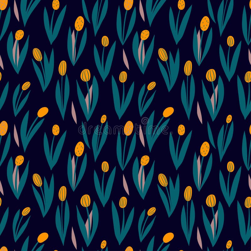 wzór na ciemnym tle z żółtymi tulipanami, wiosny kwitnienia kwiaty, ogród przy nocą ilustracja wektor wzór na ciemnym tle z żółtymi tulipanami, wiosny kwitnienia kwiaty, ogród przy nocą ilustracja wektor