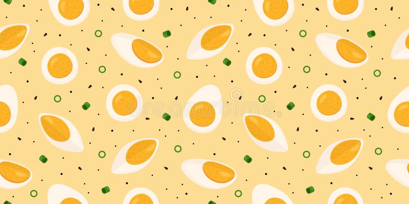 Vector seamless pattern with boiled egg slices and halves on a yellow background. White and yolk. Vector seamless pattern with boiled egg slices and halves on a yellow background. White and yolk.