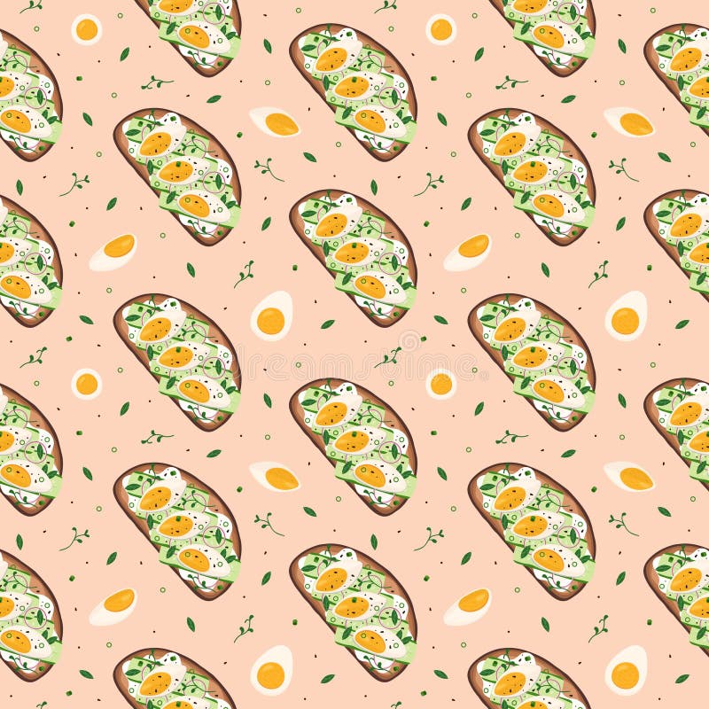 Seamless pattern with bruschetta, boiled eggs and greenery. Toast with cucumbers, eggs and onion. Healthy food, eating, cooking, recipes, restaurant menu. Sandwich top view. Vector background. Seamless pattern with bruschetta, boiled eggs and greenery. Toast with cucumbers, eggs and onion. Healthy food, eating, cooking, recipes, restaurant menu. Sandwich top view. Vector background
