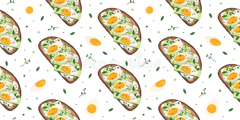 Seamless vector pattern with bruschetta, boiled eggs and greenery. Toast with cucumbers, eggs and onion. Healthy food, eating, cooking, recipes, restaurant menu. Sandwich top view. Vector background. Seamless vector pattern with bruschetta, boiled eggs and greenery. Toast with cucumbers, eggs and onion. Healthy food, eating, cooking, recipes, restaurant menu. Sandwich top view. Vector background