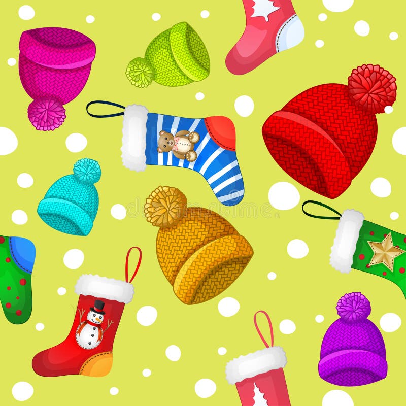 Wzór z stubarwnymi zima kapeluszami, skarpetami nad płatek śniegu tłem i ilustracji Wzór z stubarwnymi zima kapeluszami, skarpetami nad płatek śniegu tłem i ilustracji