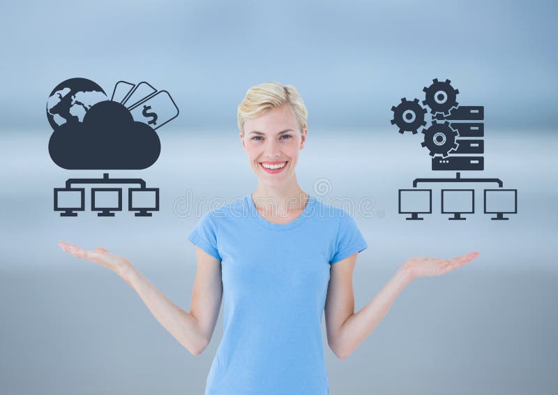 Digital composite of Woman choosing or deciding cloud storage or servers with open palm hands. Digital composite of Woman choosing or deciding cloud storage or servers with open palm hands