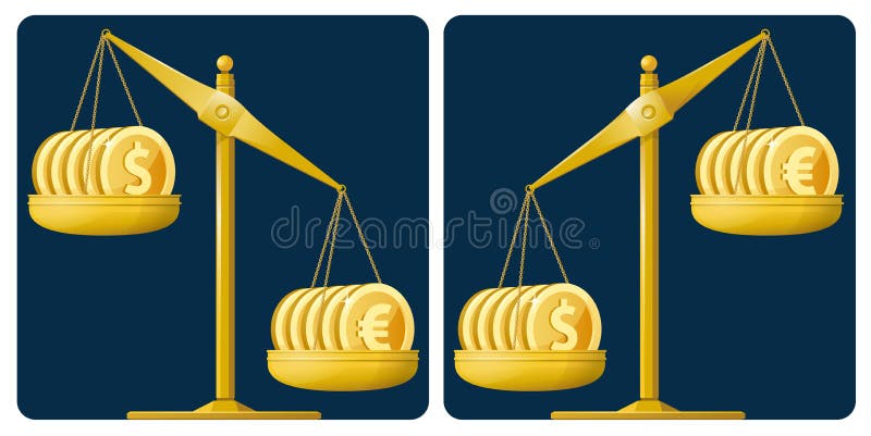 Währungsstabilität Dollar und Euros auf den Skalen vektor abbildung Währungsstabilität Dollar und Euros auf den Skalen vektor abbildung