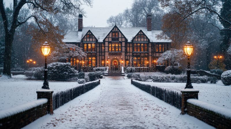 Wärme inmitten der Wintersonntage Glanz im Grünen Ein Tudor-Heim-Erlebnis im Schneefall stockbilder