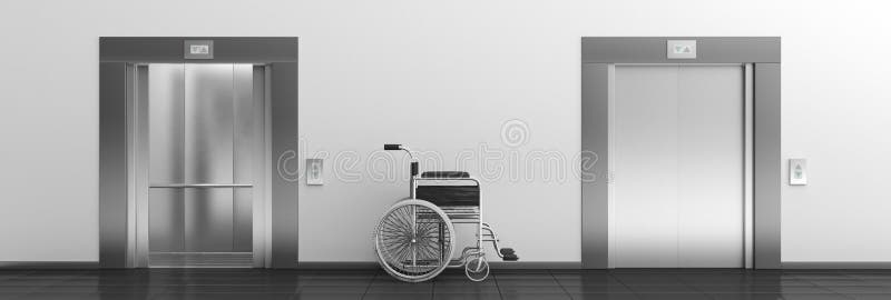 Wózek inwalidzki pusty i windy z drzwiami otwartymi i zamkniętymi, sztandar ilustracja 3 d