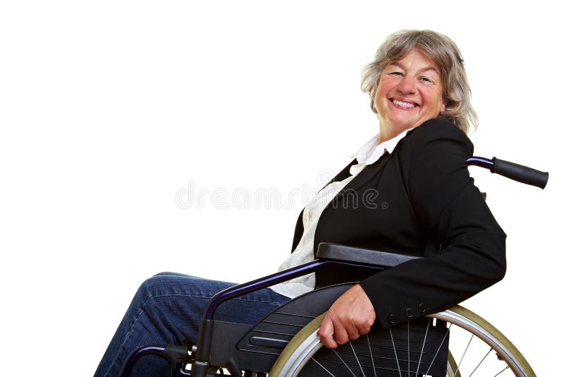 Happy elderly woman sitting in a wheelchair. Happy elderly woman sitting in a wheelchair