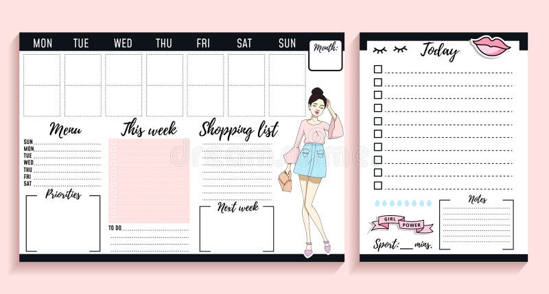 Girl boss weekly and daily planner design with fashion elements and young women. Vector illustration. Girl boss weekly and daily planner design with fashion elements and young women. Vector illustration.