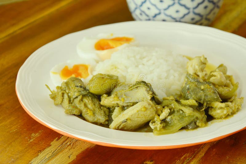 Würziger Hühnergrüncurry mit gekochtem Ei auf Reis stockfotos Würziger Hühnergrüncurry mit gekochtem Ei auf Reis stockfotos