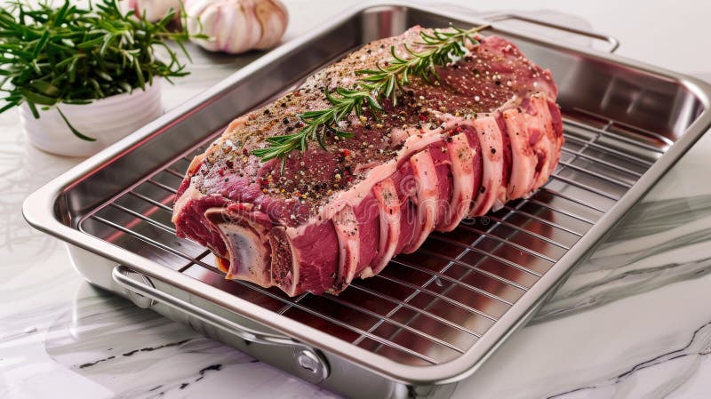 Würziger Rippenbraten mit Knoblauchrosmarin und Pfefferwürfel in klassischer Rösterpfanne vektor abbildung