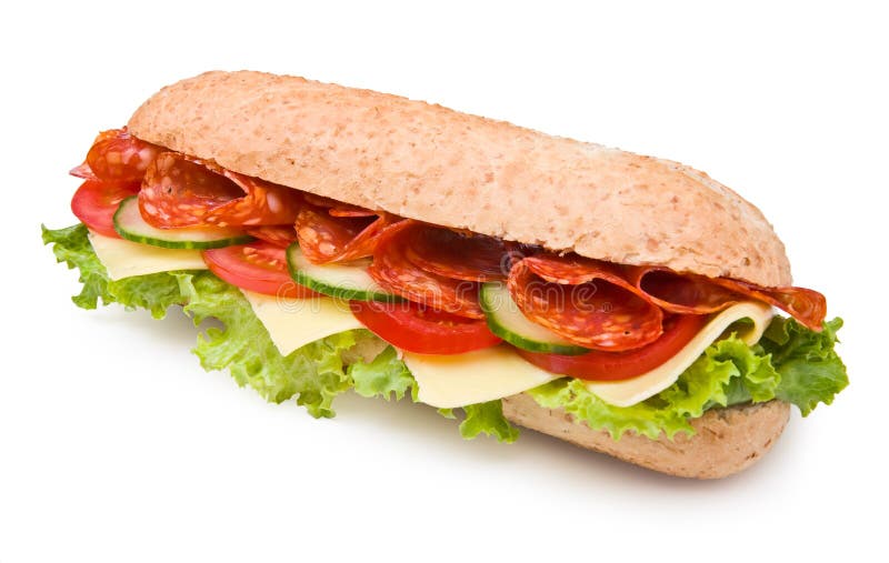Würziges Feinkostgeschäftart Salamisandwich getrennt auf Weiß stockfoto Würziges Feinkostgeschäftart Salamisandwich getrennt auf Weiß stockfoto