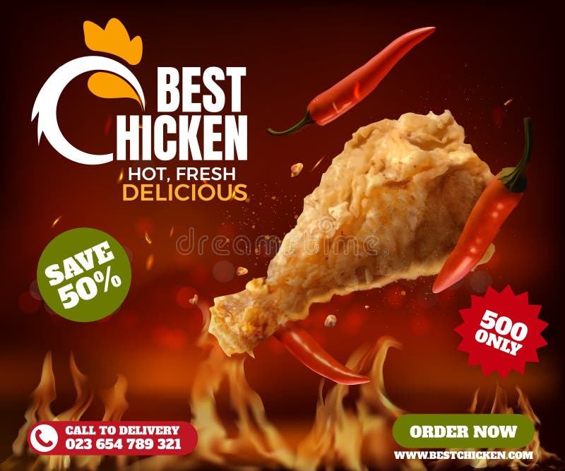 Würziges Huhn. Schnellkost und Poster. feuergrüne Nuggets mit Chili 3d Werbung. köstliches Treffen vektor abbildung