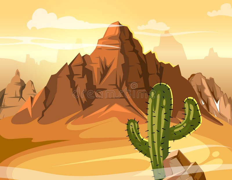 Wüstenhügel, Kaktus nahe großem Berg Gelbe Hintergrundillustration des Vektors lizenzfreie abbildung