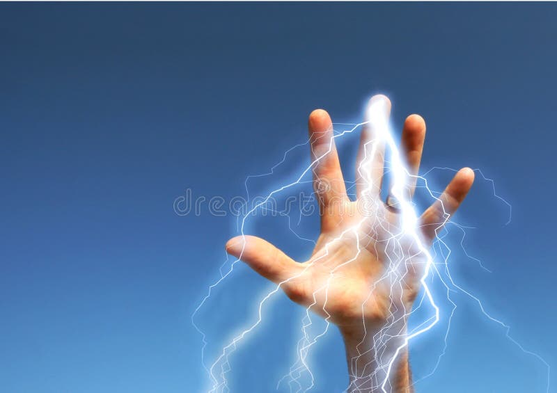 Hand with electricity on blue sky with copyspace. Hand with electricity on blue sky with copyspace.