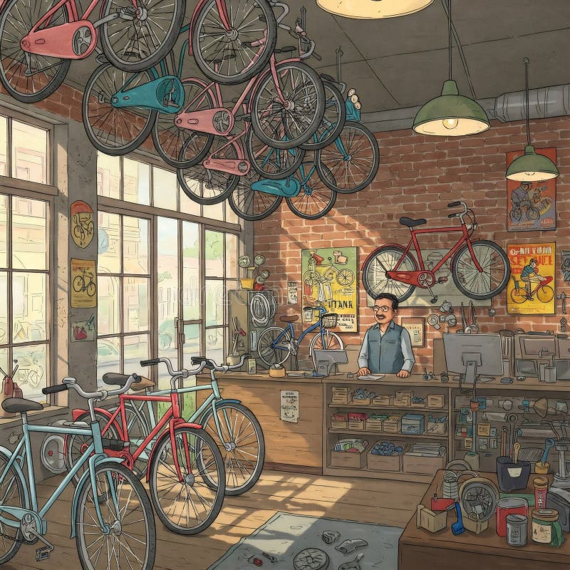 Właściciel sklepu rowerowego pracujący w jego stoliku z wieloma rowerami wiszącymi z sufitu royalty ilustracja