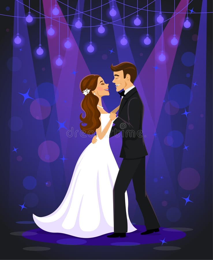 Właśnie pary małżeńskiej państwo młodzi tanczy ich pierwszy ślubnego tana w sala balowej royalty ilustracja Właśnie pary małżeńskiej państwo młodzi tanczy ich pierwszy ślubnego tana w sala balowej royalty ilustracja