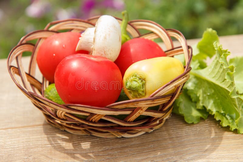 Właśnie ukradzeni pomidory i żółty dzwonkowy pieprz w łozinowym koszu w obrazy stock Właśnie ukradzeni pomidory i żółty dzwonkowy pieprz w łozinowym koszu w obrazy stock