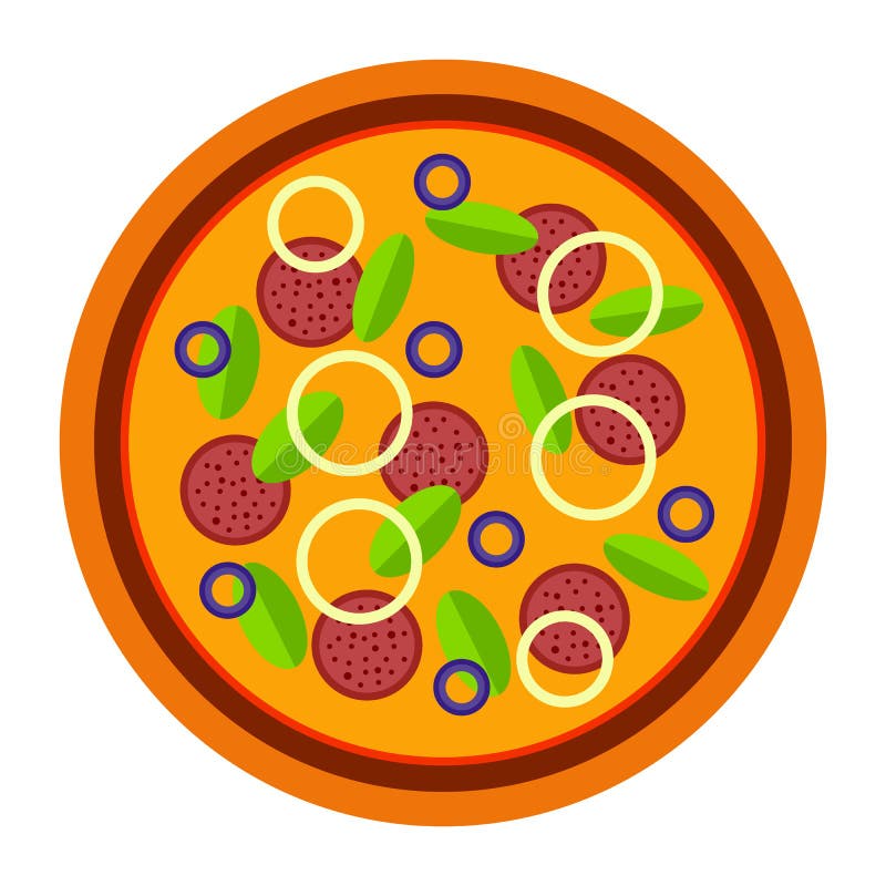Włoska pizza z cebulą, kiełbasa i basil w mieszkaniu, projektujemy wektorowa ilustracja odizolowywająca na białym tle pizza royalty ilustracja Włoska pizza z cebulą, kiełbasa i basil w mieszkaniu, projektujemy wektorowa ilustracja odizolowywająca na białym tle pizza royalty ilustracja