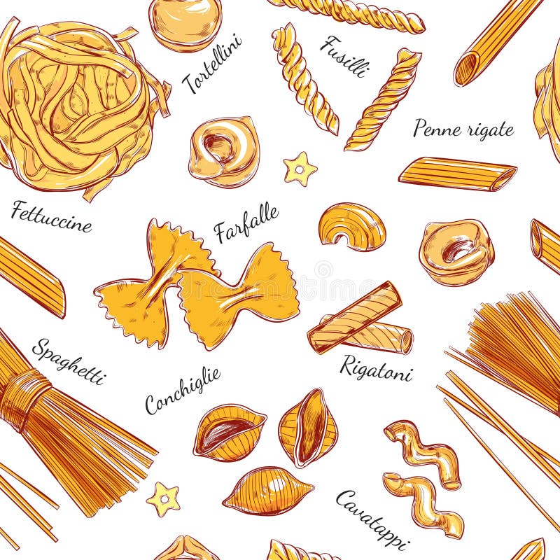 Włoskiego makaronu bezszwowi deseniowi Różni typ makaron Wektorowa ręka rysująca ilustracja Przedmioty na bielu kolorowy ilustracji