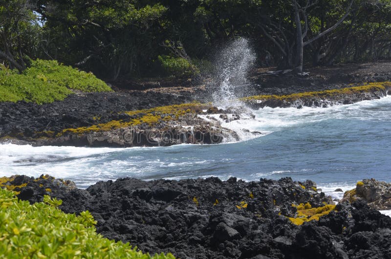 Imagine the beautiful blue surf raging over the lava on the banks of the Pacific. Imagine the beautiful blue surf raging over the lava on the banks of the Pacific.