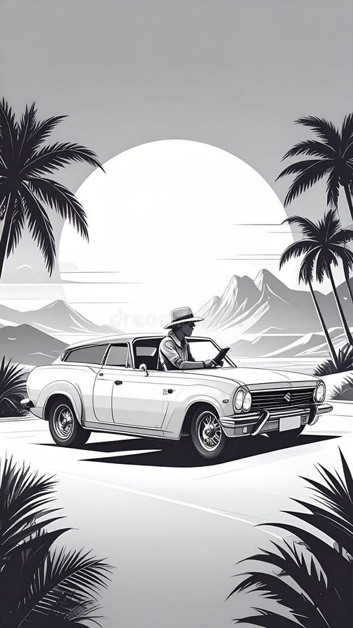 Classic car in a retro black-and-white illustration Generative - AI vector illustration