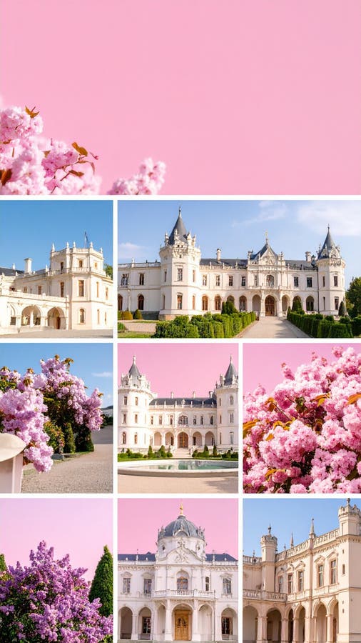 A collage showcases a grand, white castle with ornate spires under a clear blue sky Generative - AI