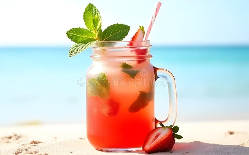 "Refreshing Strawberry Mint Cooler on a Tropical Beach" royalty free illustration