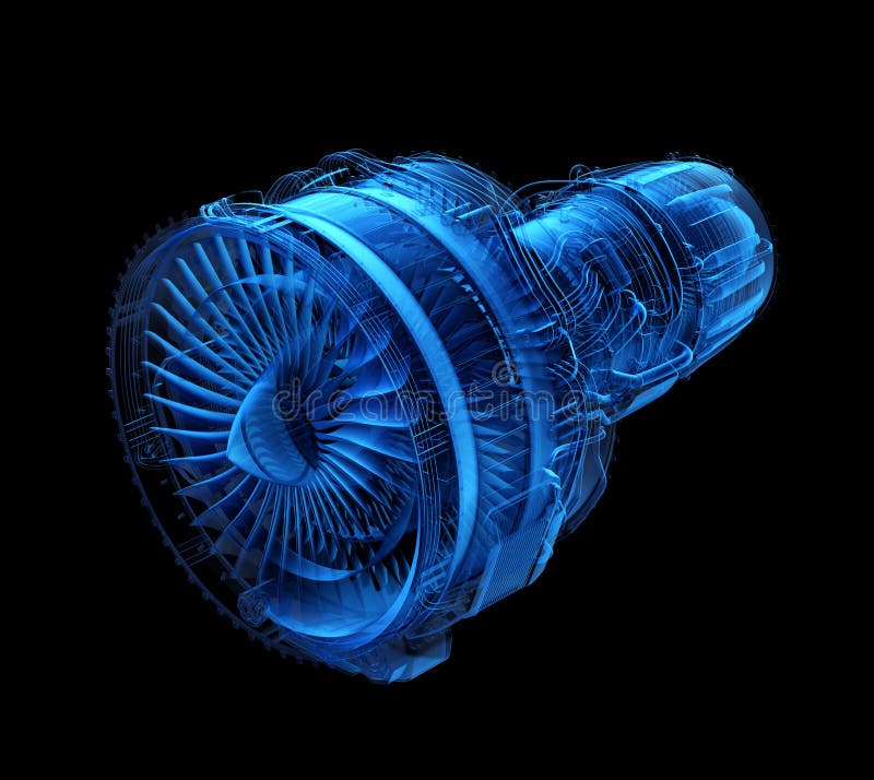 X-ray style turbofan jet engine isolated on black background vector illustration