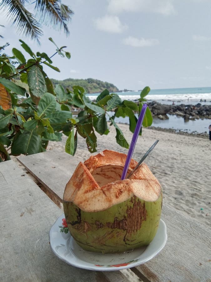 It S Nice To Drink Coconut on the Beach while Enjoying the Waves Stock
