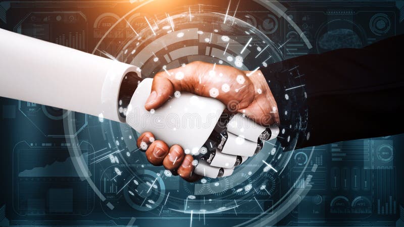 XAI 3D rendering hominoid robot handshake to collaborate future technology. XAI 3d illustration hominoid robot handshake to collaborate future technology development by AI thinking brain, artificial intelligence and machine learning process for 4th industrial revolution.