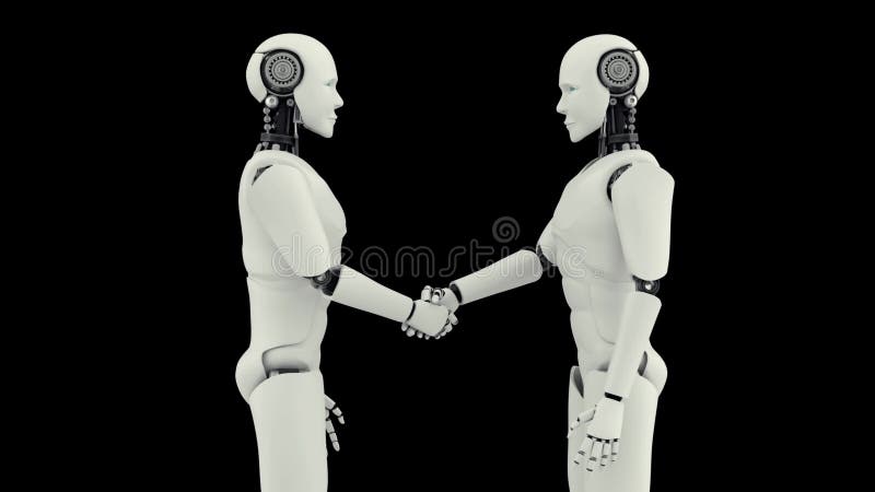 Xai futuristic robot handshake artificial intelligence cgi pe fond negru stock illustration