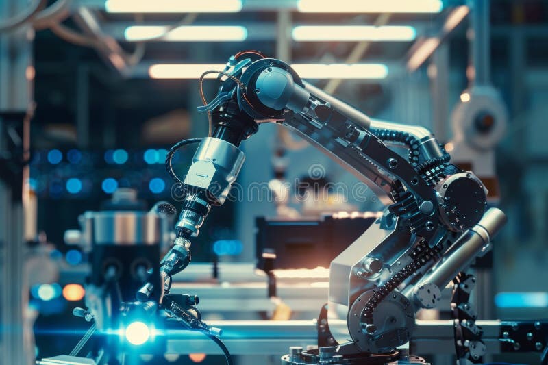 Xai mechanized robot arms for factory assembly. Ai concept for industrial revolution vector illustration