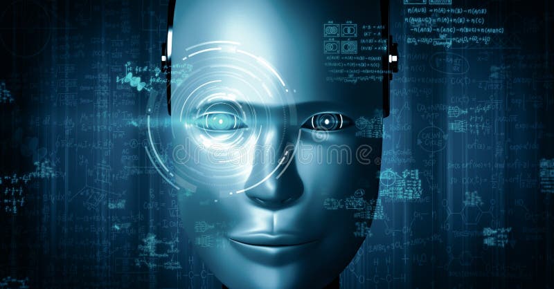 XAI Robot hominoid face close up with graphic concept of engineering science study vector illustration