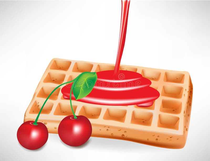 Pouring cherry syrup over belgian waffle. Pouring cherry syrup over belgian waffle