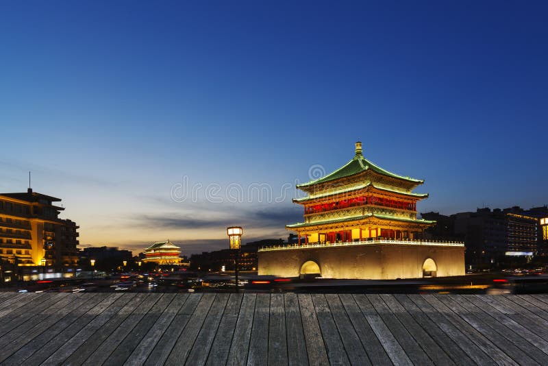 China`s ancient city of Xi`an, at night the city landmarks and traffic roads. China`s ancient city of Xi`an, at night the city landmarks and traffic roads