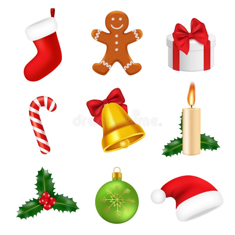 Xmas dekoracje realistyczne 2019 nowy rok 3d symboli/lów cukierki zielenieją drzewnych prezentów płatek śniegu Santa wektorowe ik ilustracja wektor Xmas dekoracje realistyczne 2019 nowy rok 3d symboli/lów cukierki zielenieją drzewnych prezentów płatek śniegu Santa wektorowe ik ilustracja wektor