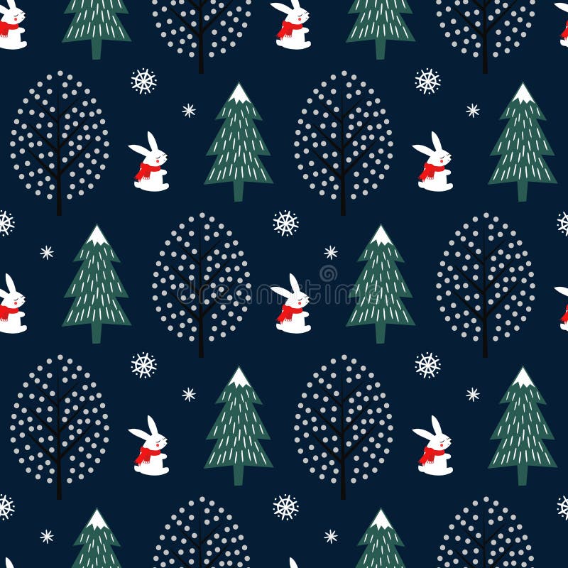 Xmas drzewo, płatki śniegu, królika bezszwowy wzór na zmroku - błękitny tło royalty ilustracja Xmas drzewo, płatki śniegu, królika bezszwowy wzór na zmroku - błękitny tło royalty ilustracja