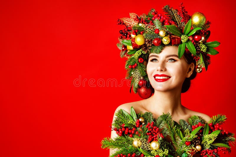 Xmas Happy Smiling Woman Makeup Portrait, Christmas Tree Wreath Hairstyle.  Face Model Make up with Red Lips, New Year Beauty Girl