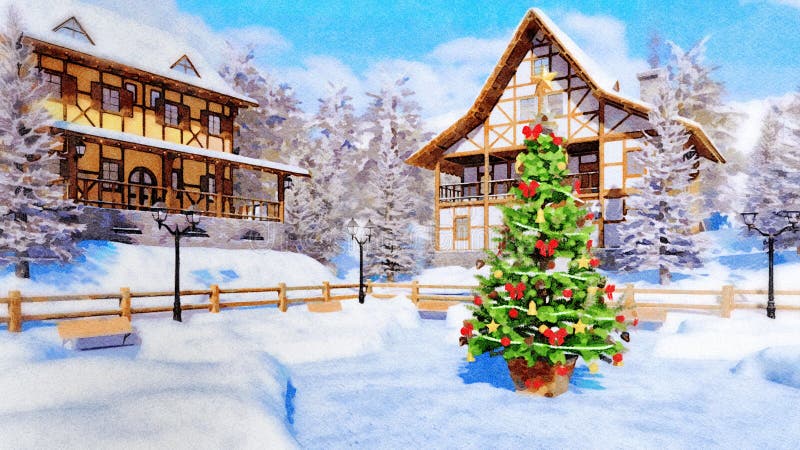 Xmas-träd på stadfyrkant på vattenfärgen för vinterdag royaltyfri illustrationer Xmas-träd på stadfyrkant på vattenfärgen för vinterdag royaltyfri illustrationer