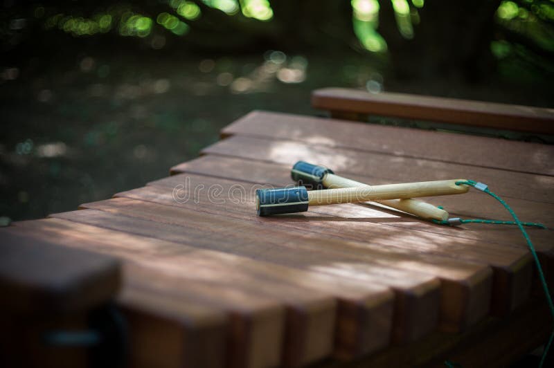 Close crop of xylophone keys and mallets in Solliden, Sweden