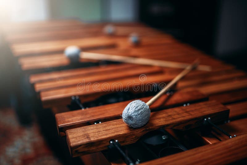 Xylophone with sticks closeup, nobody, wooden percussion instrument, vibraphone. Xylophone with sticks closeup, nobody, wooden percussion instrument, vibraphone