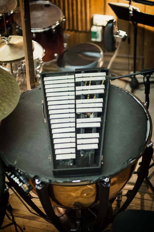 The Xylophone in the Orchestra Standing on the Big Drum. Stock Photo