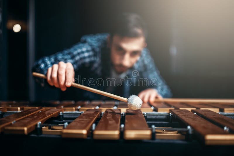 Xylophone player with sticks in hands, musician in action, wooden sounds. Musical percussion instrument, vibraphone. Xylophone player with sticks in hands, musician in action, wooden sounds. Musical percussion instrument, vibraphone