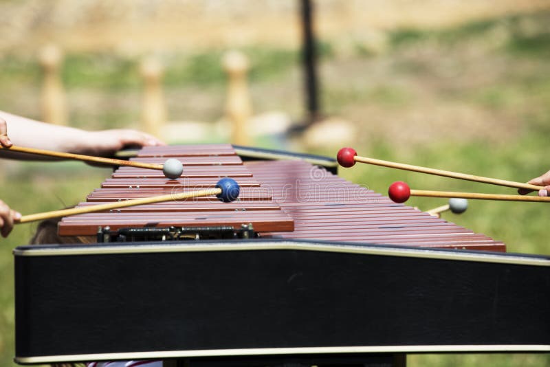 Xylophone with playing hands. Red xylophone for marimba. Music percussion instrument on grass background. Wooden xylophone with drumsticks. Wooden vibraphone with players hands. Hit to instrument keys. Xylophone with playing hands. Red xylophone for marimba. Music percussion instrument on grass background. Wooden xylophone with drumsticks. Wooden vibraphone with players hands. Hit to instrument keys