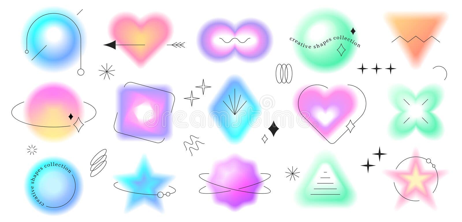 Y2k gradients. Heart cute, retro blurry pastel frames, aesthetic